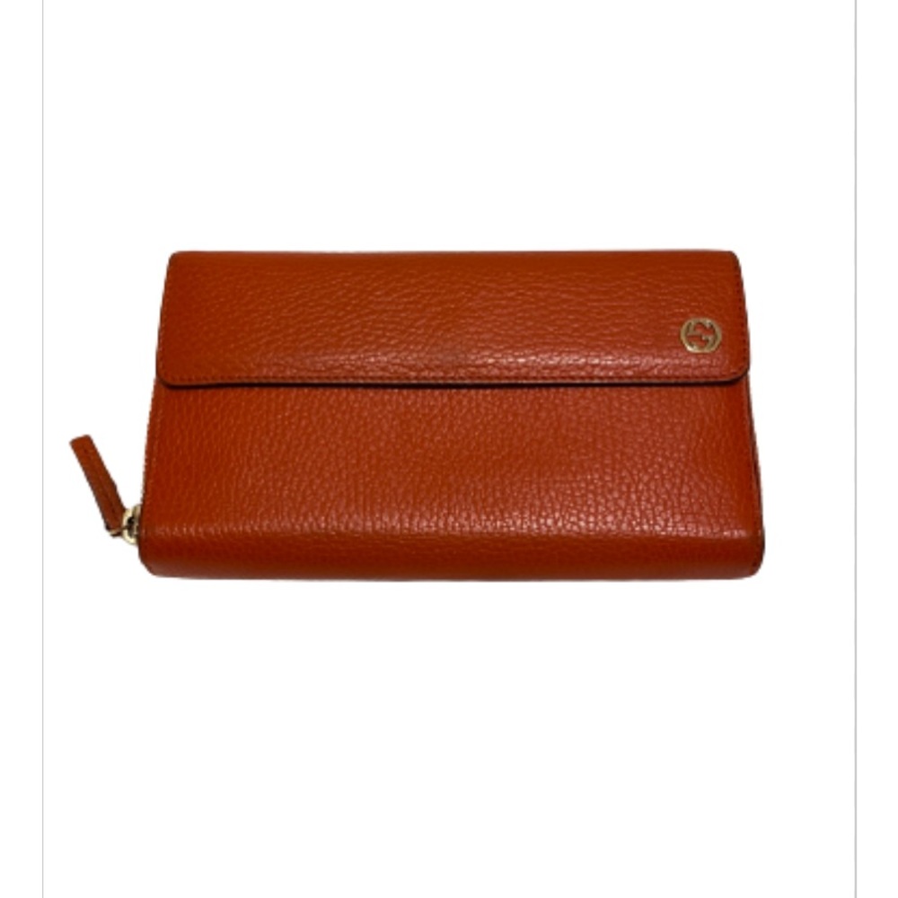 Gucci Orange Leather Zipper Wallet Gold Interlocking GG
